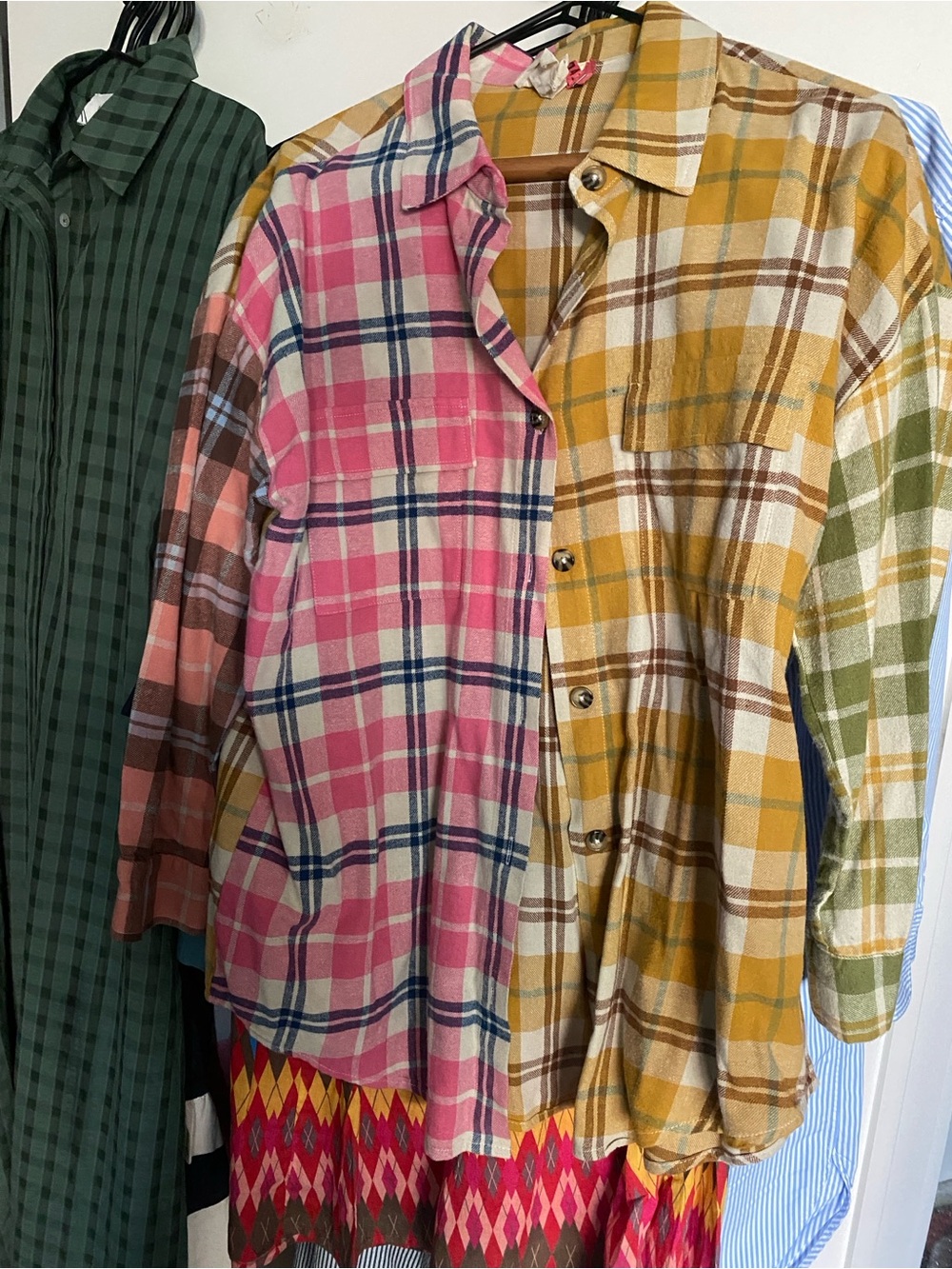 Fantastic Fawn Plaid Button-Down Shirt in Pink, Mustard, Green - Size Small